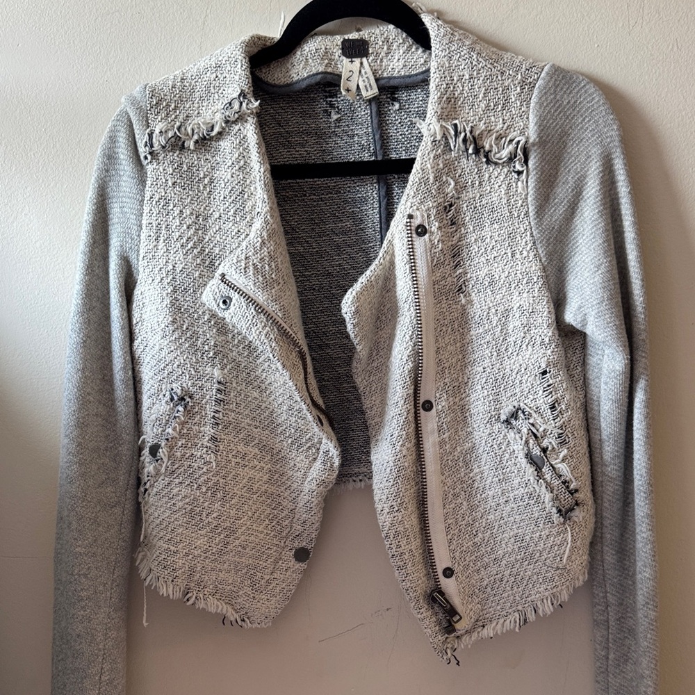 We the Free People Textured Fringe Zip-Front Jacket in Light Gray